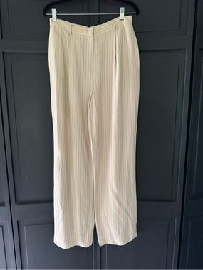 Vintage Anne Klein II Women's Beige Pinstripe Wide-Leg Trousers